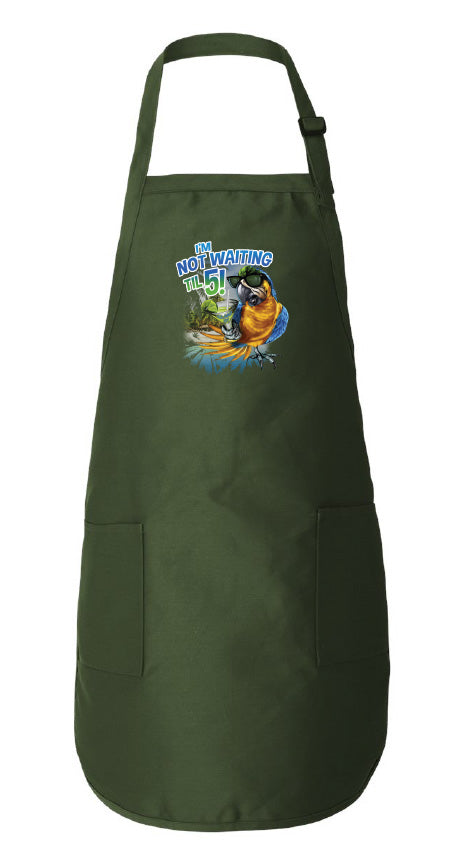 Green apron with a colorful graphic design on a white background