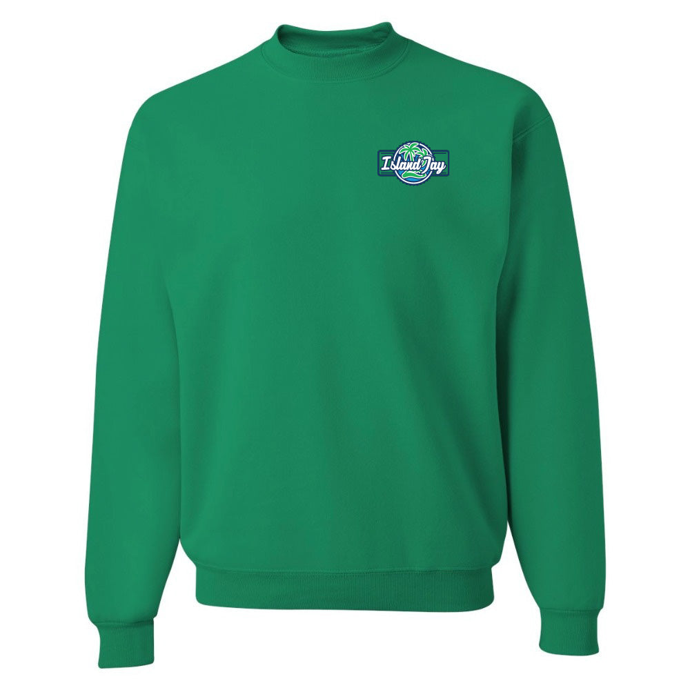Green sweatshirt with a logo on the chest against a white background