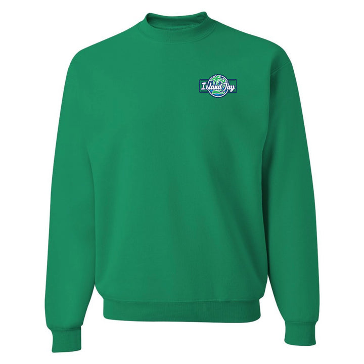 Green sweatshirt with a logo on the chest against a white background