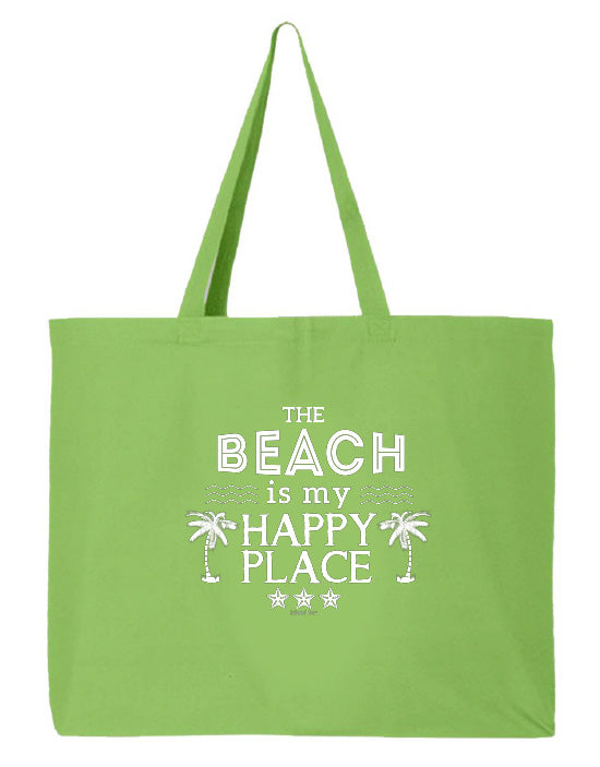 Green tote bag with 'The Beach is my Happy Place' text on a white background