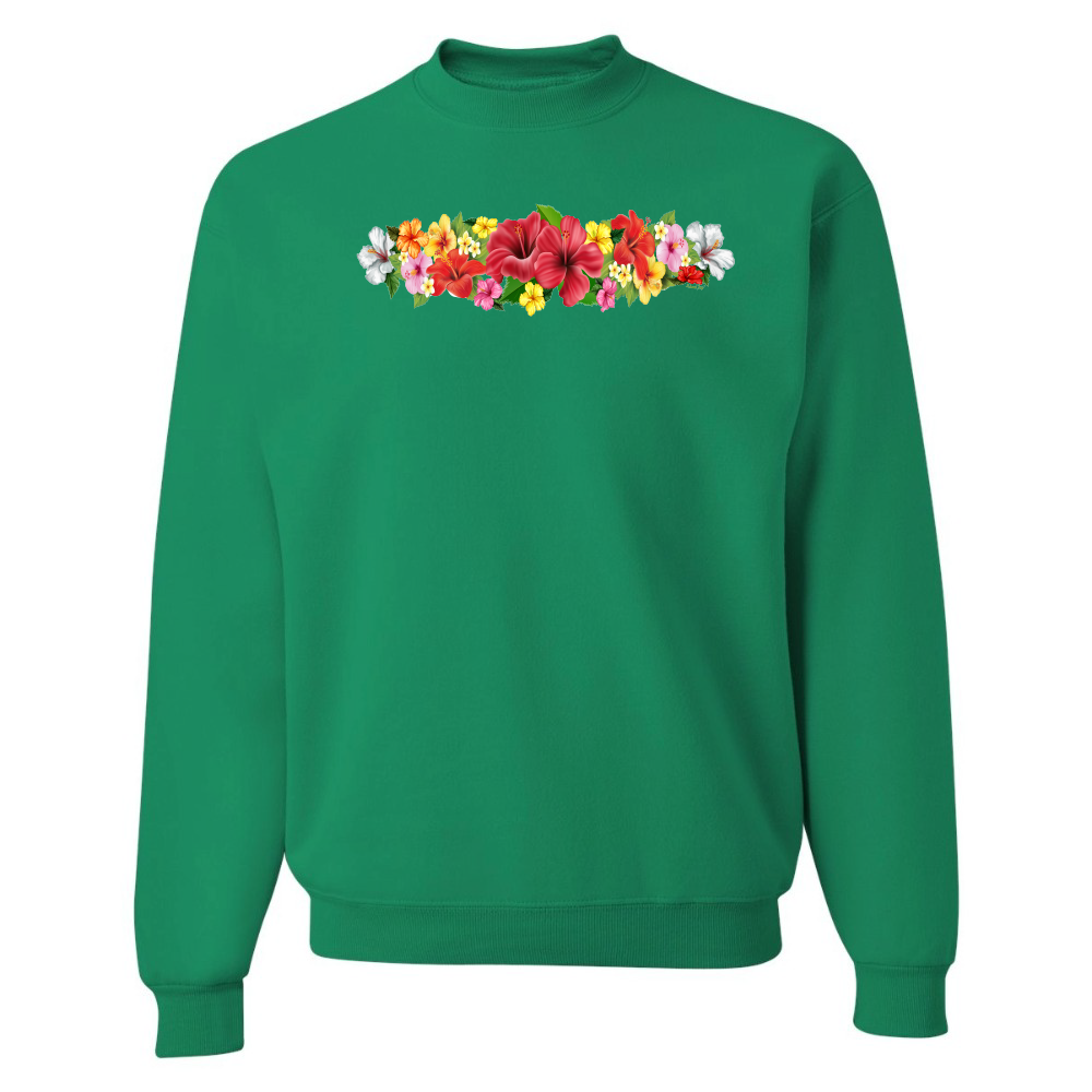 Green sweatshirt with colorful floral design on a white background