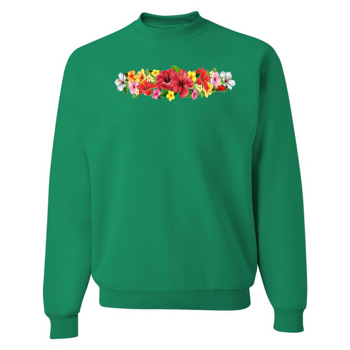 Green sweatshirt with colorful floral design on a white background