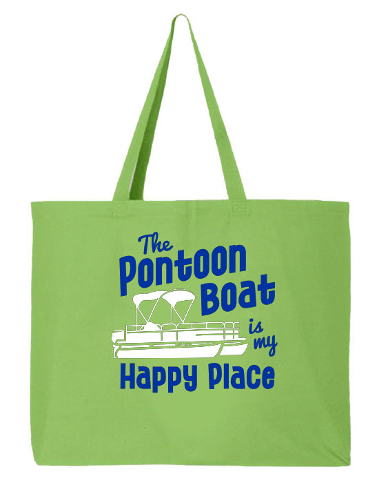 Green tote bag with 'The Pontoon Boat is my Happy Place' text and graphic on a white background