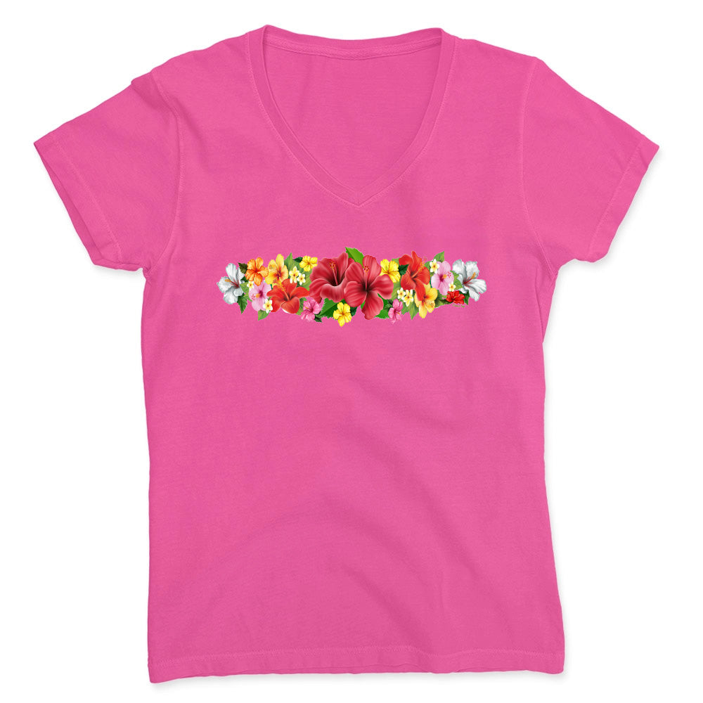 Pink t-shirt with colorful floral design on a white background