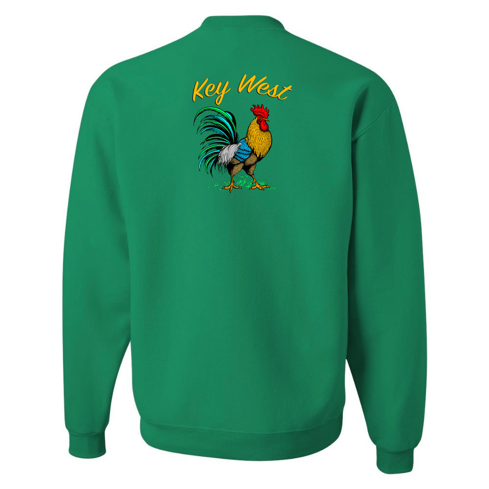 Green sweatshirt with a rooster illustration and 'Key West' text on the back against a white background