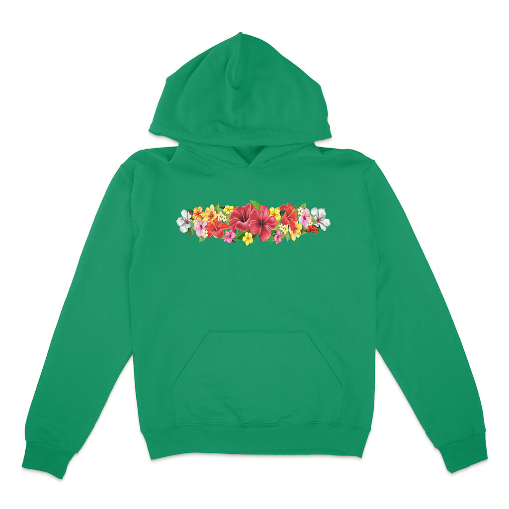 Green hoodie with colorful floral design on a white background