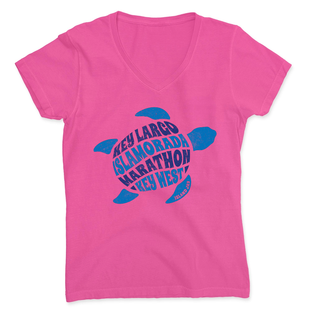 Pink t-shirt with blue turtle graphic and text on a white background
