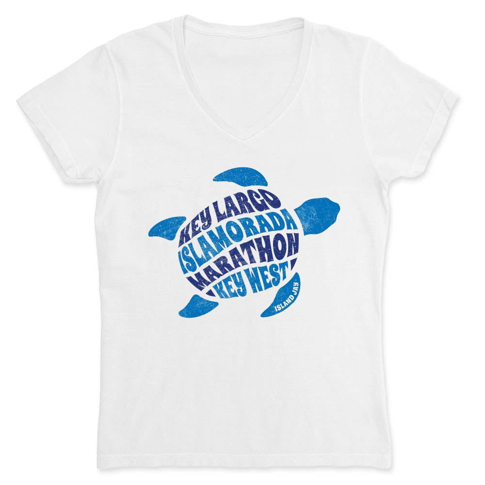 White t-shirt with blue turtle graphic and text on a white background
