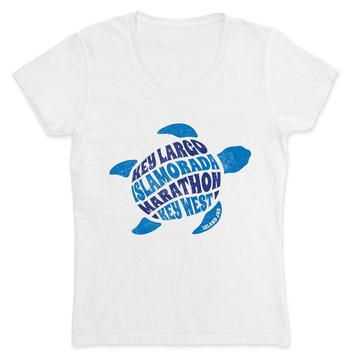 White t-shirt with blue turtle graphic and text on a white background