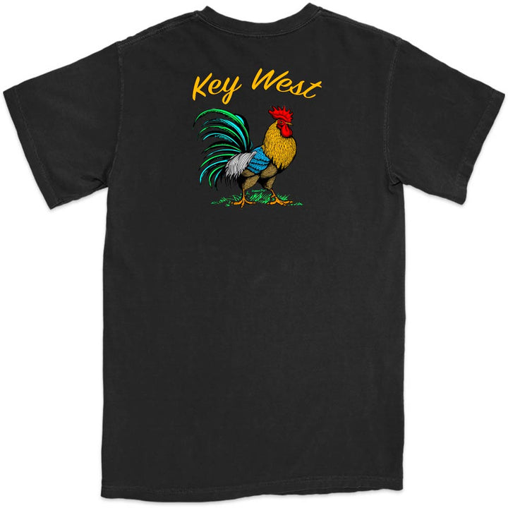 Black t-shirt with a rooster graphic and 'Key West' text on a white background
