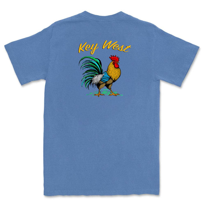 Blue t-shirt with a rooster graphic and 'Key West' text on the back