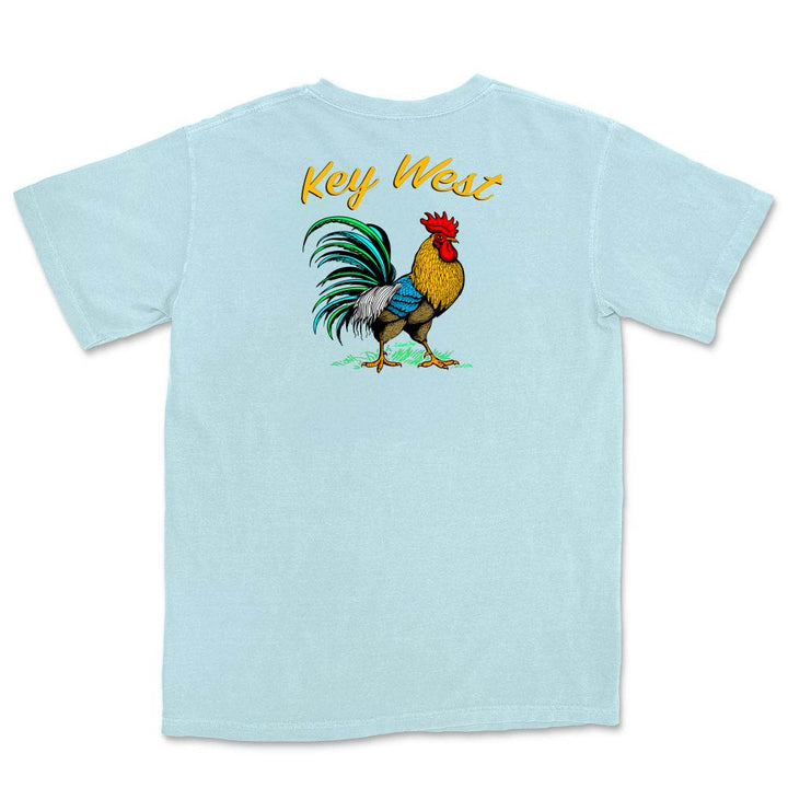 Light blue t-shirt with a rooster graphic and 'Key West' text on a white background
