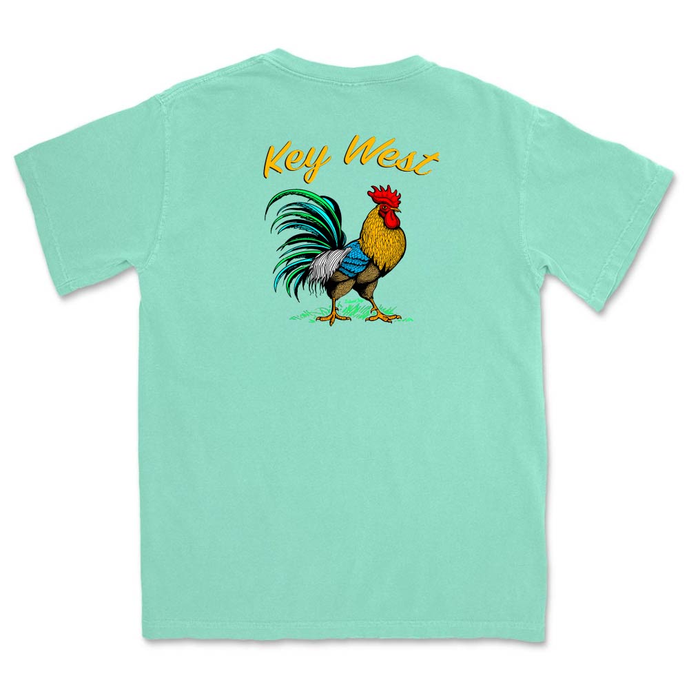 Light blue t-shirt with a rooster graphic and 'Key West' text on a white background