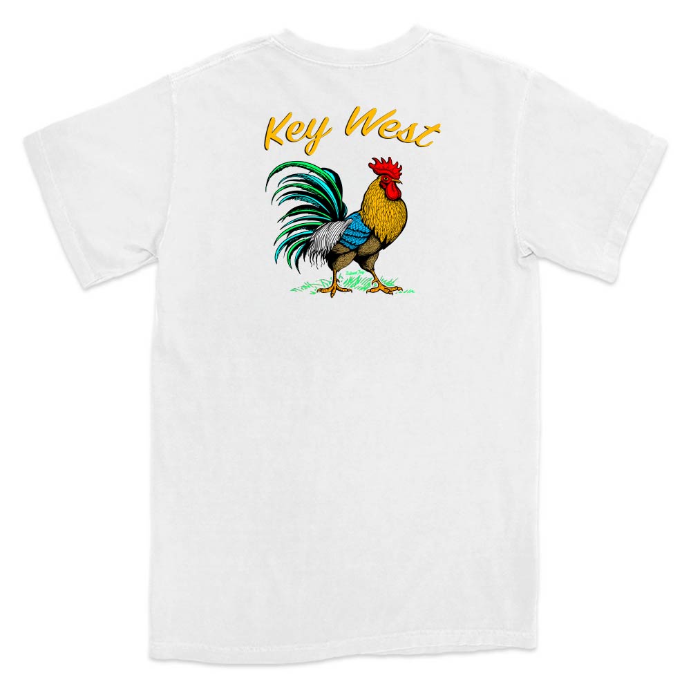 White t-shirt with a colorful rooster graphic and 'Key West' text on a white background