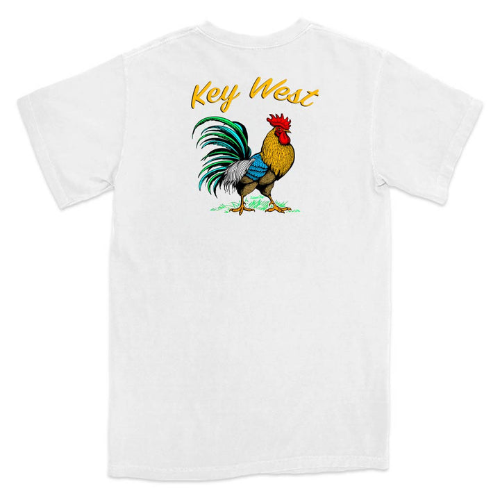 White t-shirt with a colorful rooster graphic and 'Key West' text on a white background