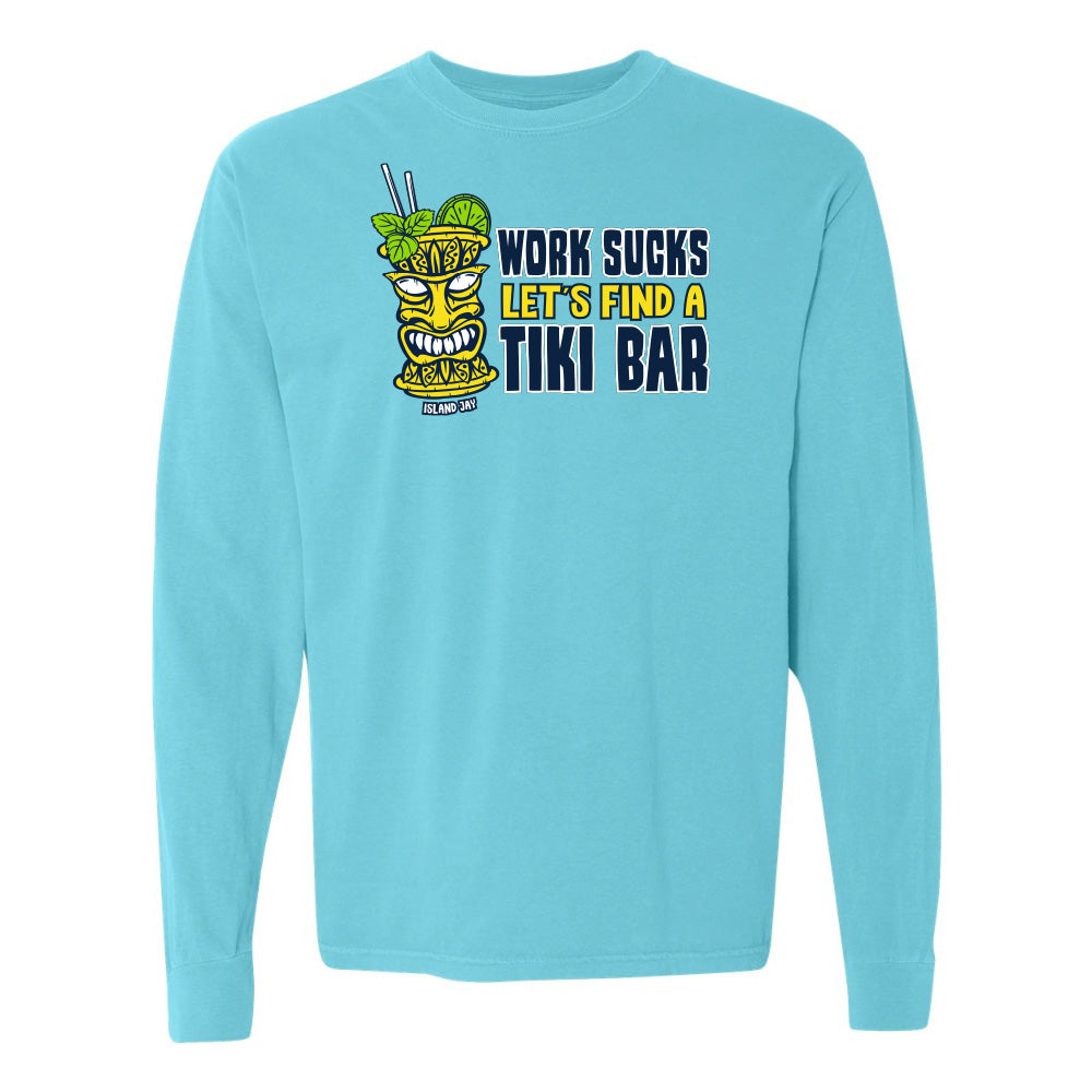 Light blue long-sleeve shirt with tiki mug graphic and text on a white background