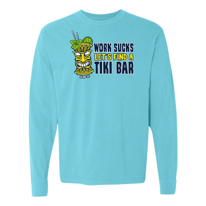 Light blue long-sleeve shirt with tiki mug graphic and text on a white background