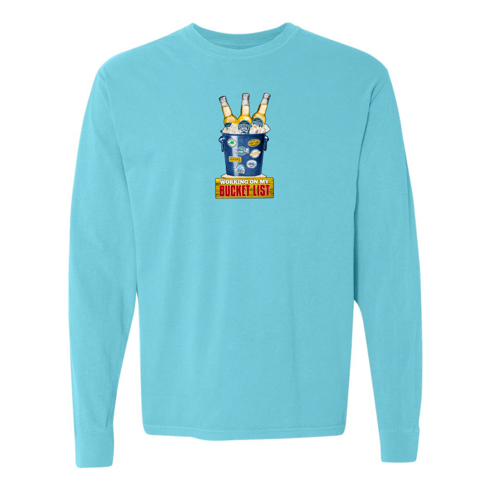Light blue long-sleeve shirt with a graphic design on a white background
