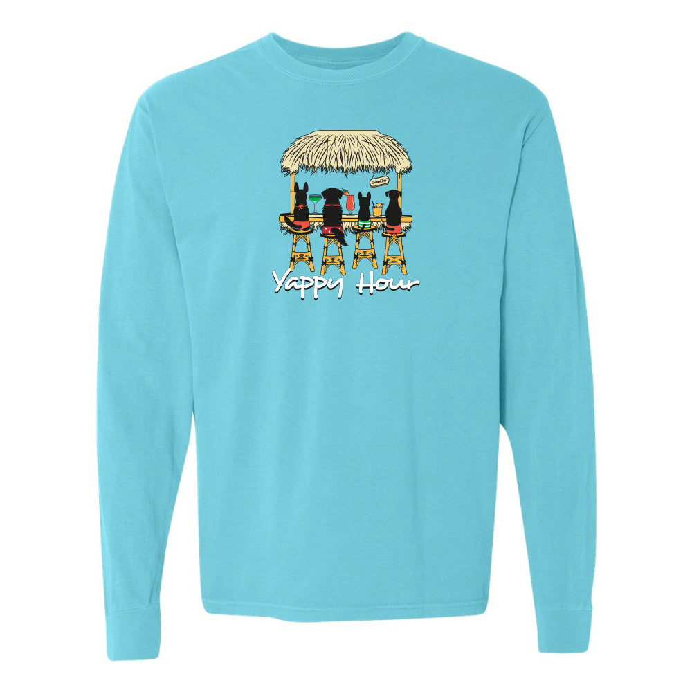 Light blue long-sleeve shirt with a graphic of dogs at a beach hut and 'Yappy Hour' text.