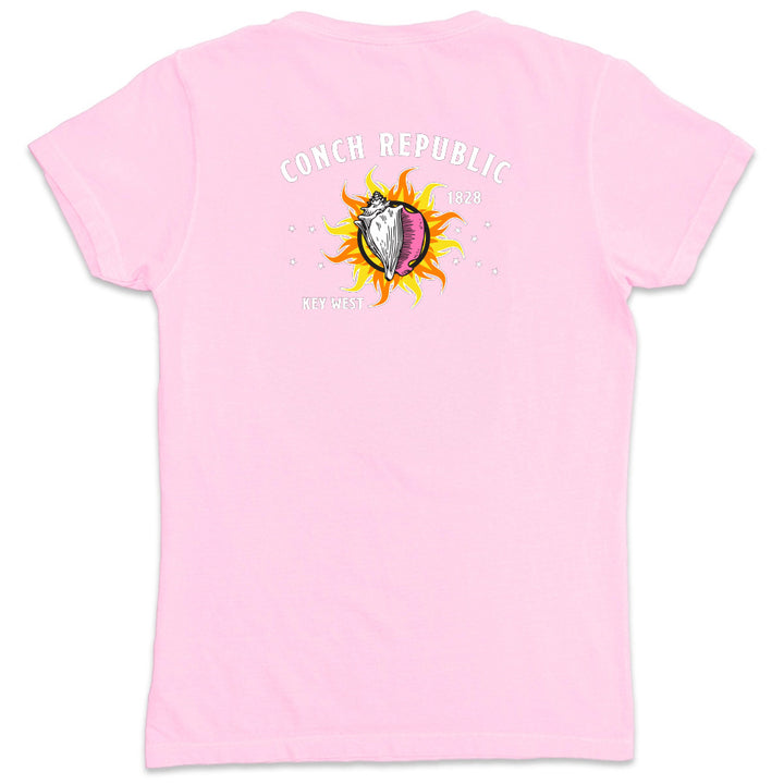 Pink t-shirt with a colorful graphic and text on the back