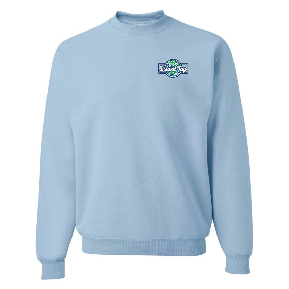 Light blue sweatshirt with a logo on the chest against a white background