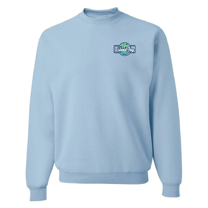 Light blue sweatshirt with a logo on the chest against a white background