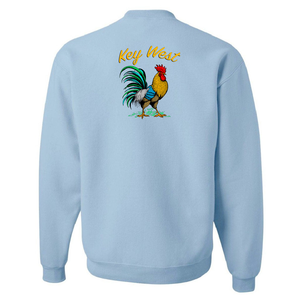 Light blue sweatshirt with a rooster graphic and 'Key West' text on the back