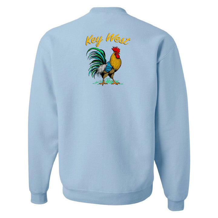 Light blue sweatshirt with a rooster graphic and 'Key West' text on the back