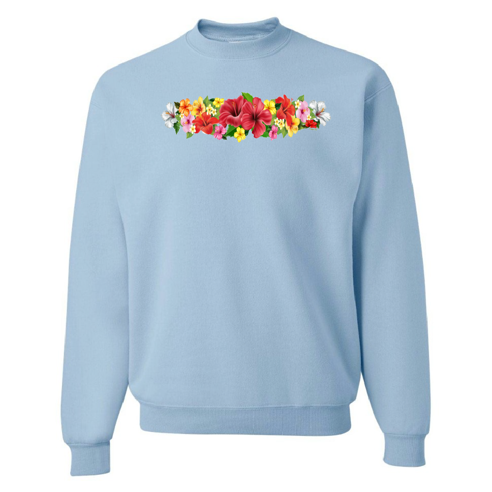 Light blue sweatshirt with colorful floral design on a white background