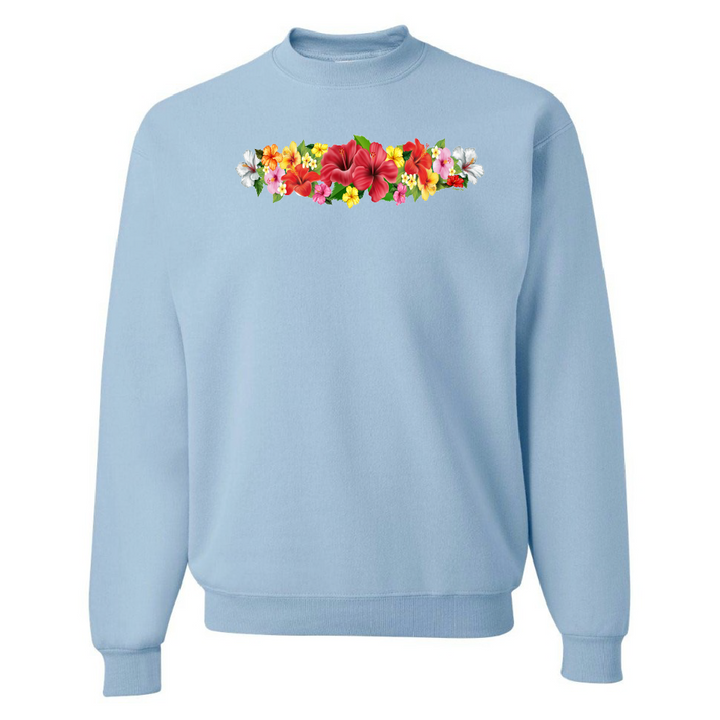Light blue sweatshirt with colorful floral design on a white background