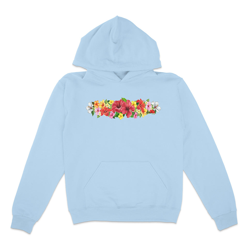 Light blue hoodie with a colorful floral design on a white background