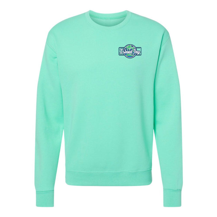 Mint green sweatshirt with a logo on the chest against a white background