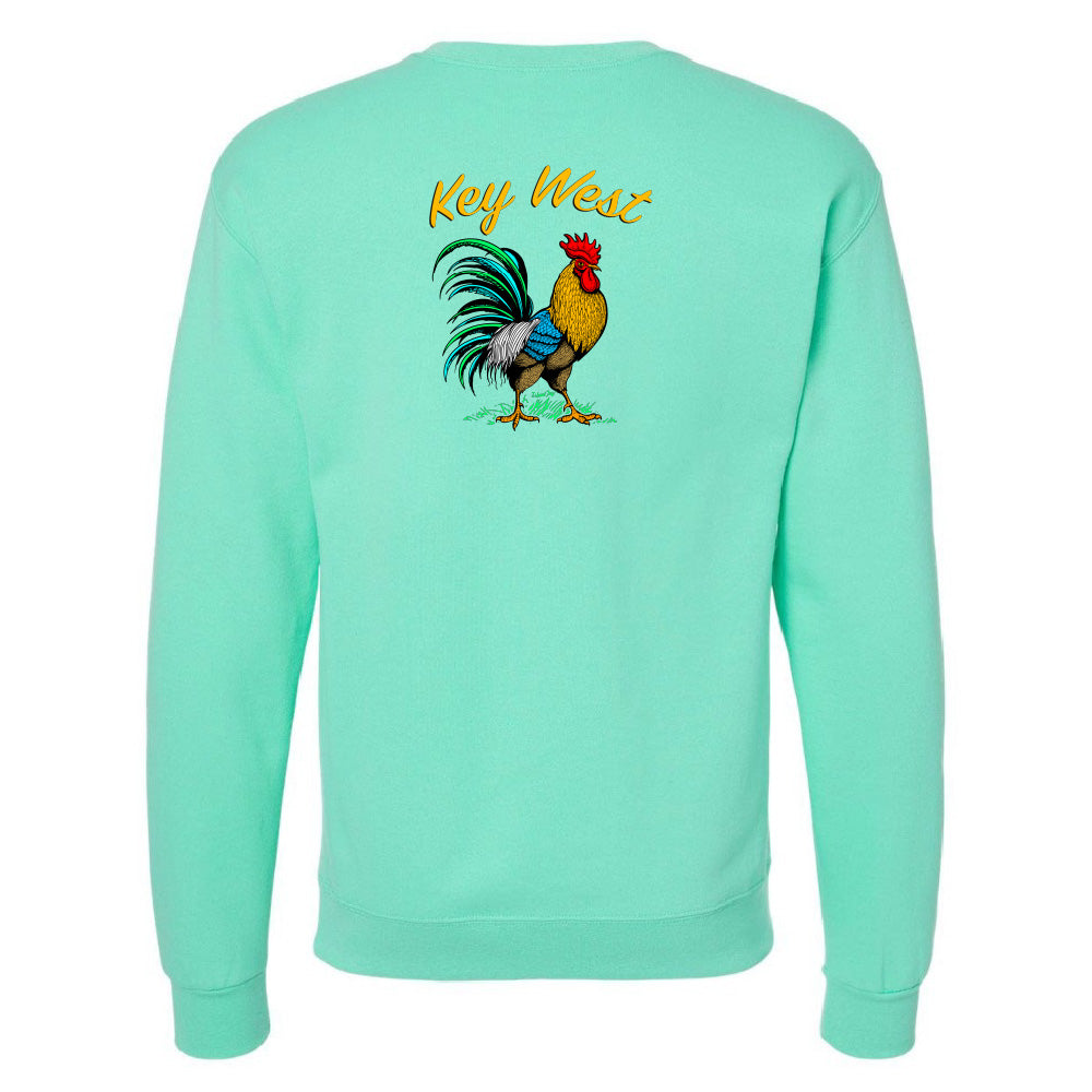 Mint green sweatshirt with a rooster graphic and 'Key West' text on the back.
