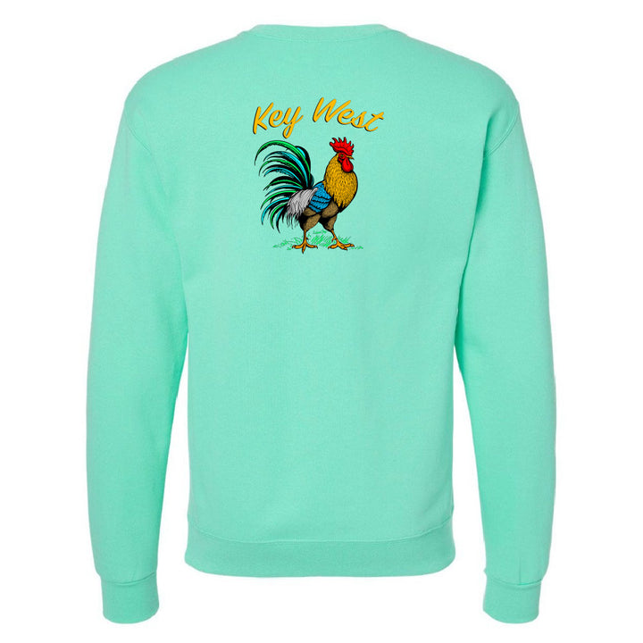 Mint green sweatshirt with a rooster graphic and 'Key West' text on the back.