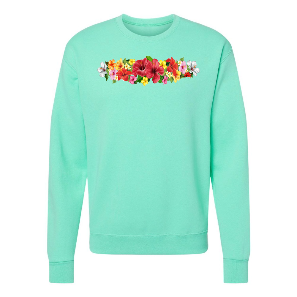 Mint green sweatshirt with colorful floral design on a white background