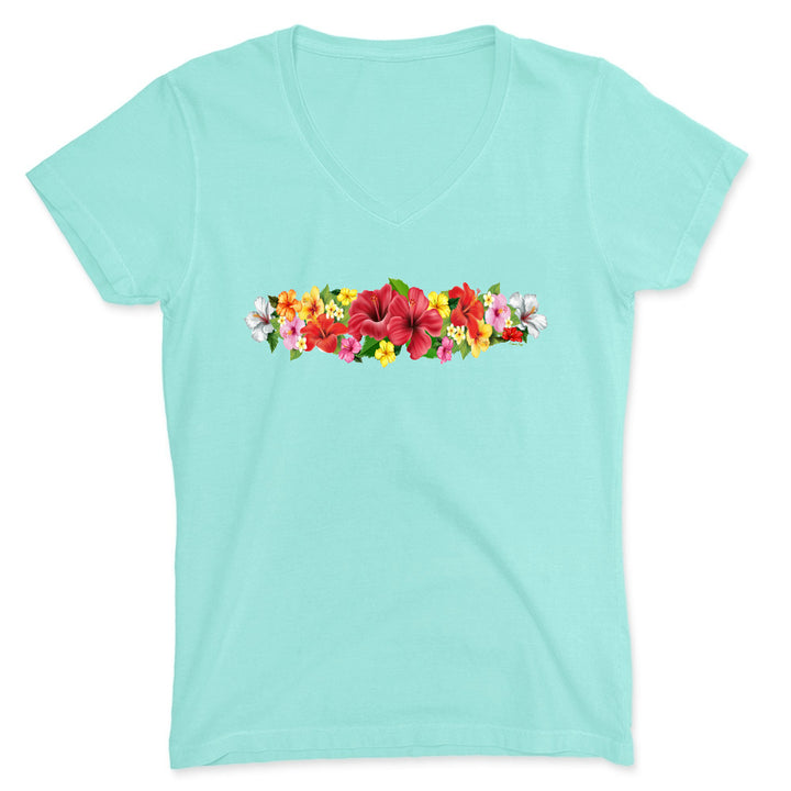 Mint green t-shirt with a colorful floral design on a white background