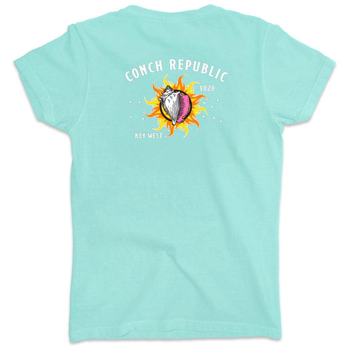 Light blue t-shirt with 'Conch Republic 1926' design on the back, featuring a sun and shell graphic.