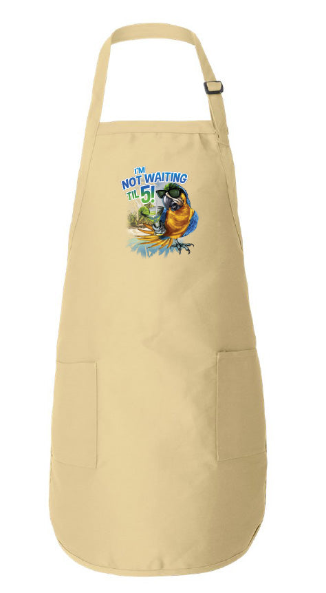 Beige apron with a colorful graphic and text on a white background