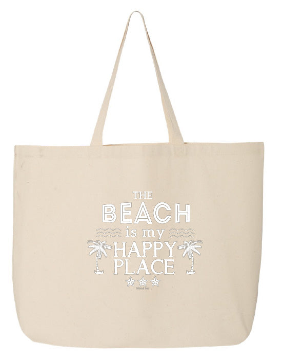 Beige tote bag with 'The Beach is my Happy Place' text and palm tree design on a white background