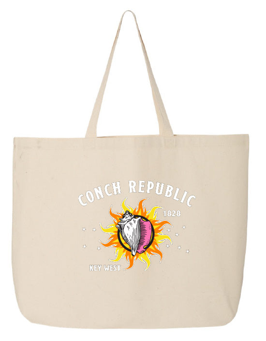 Beige tote bag with 'Conch Republic Key West' design on a white background