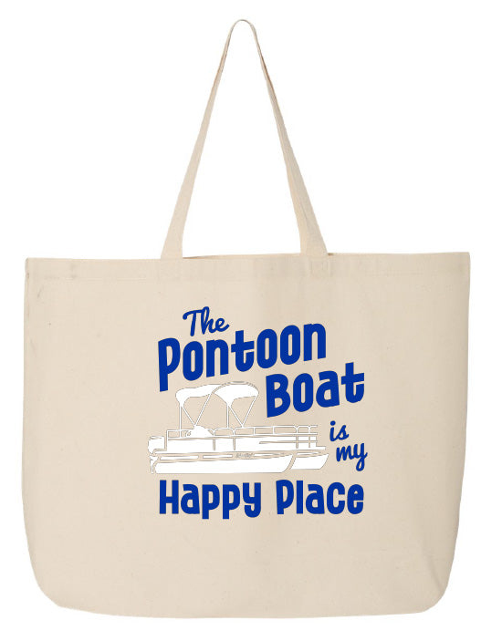Beige tote bag with blue text 'The Pontoon Boat is my Happy Place' on a white background