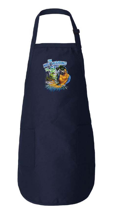 Navy apron with a colorful parrot graphic and text on a white background