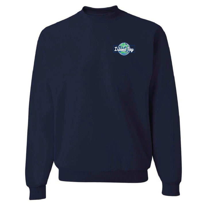Navy blue sweatshirt with a logo on the chest against a white background