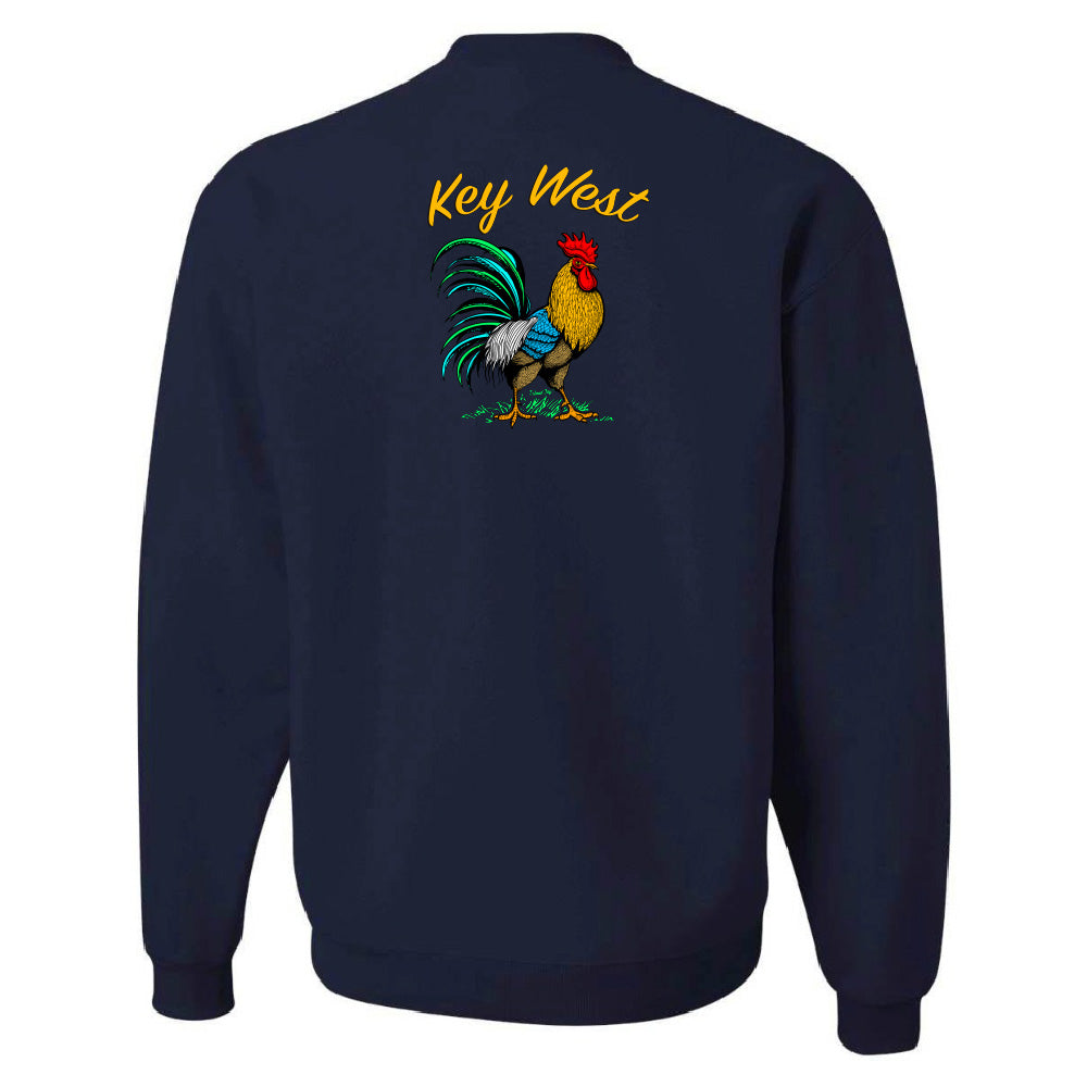 Navy blue sweatshirt with a colorful rooster graphic and 'Key West' text on the back against a white background.