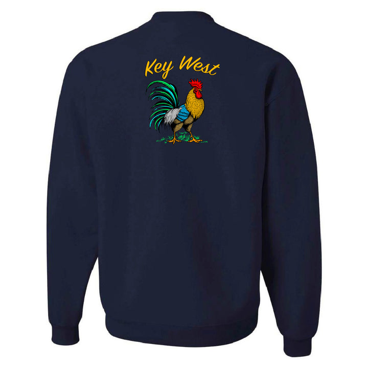 Navy blue sweatshirt with a colorful rooster graphic and 'Key West' text on the back against a white background.