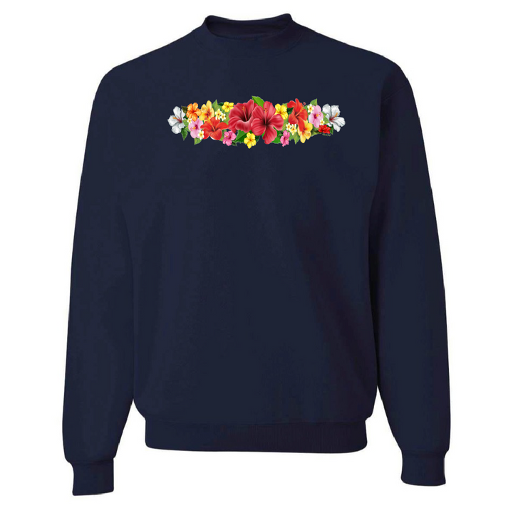 Navy blue sweatshirt with colorful floral design on a white background