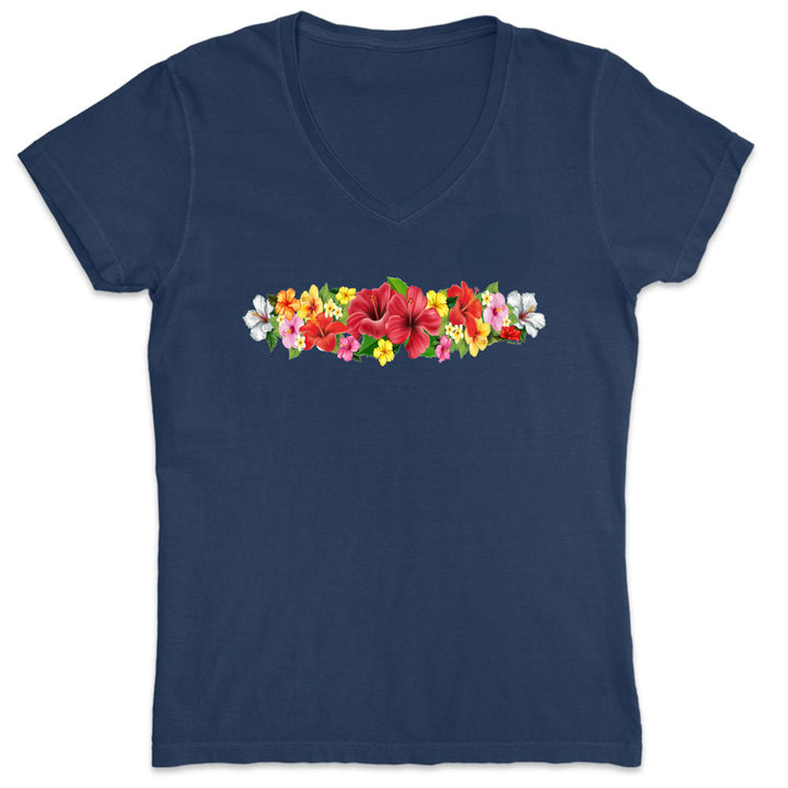 Navy blue t-shirt with colorful floral design on a white background