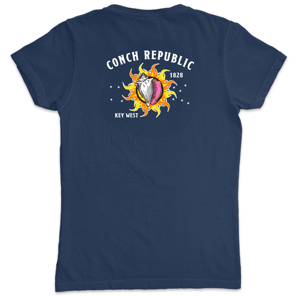 Navy blue t-shirt with 'Conch Republic Key West' design on the back