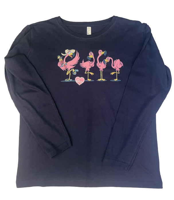 Navy blue long-sleeve shirt with flamingo design on a white background