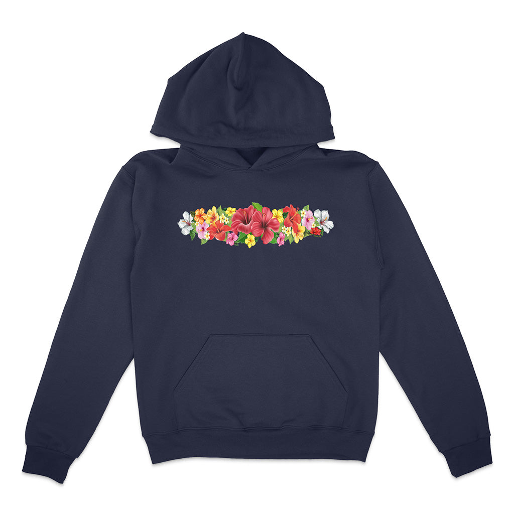 Navy blue hoodie with colorful floral design on a white background